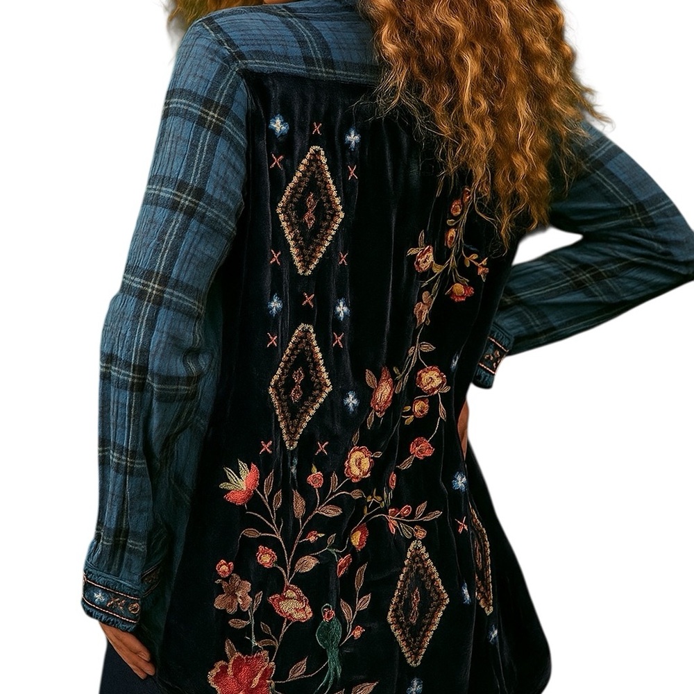 Johnny Was Chrysalis Velvet Embroidered Shirt Nwt